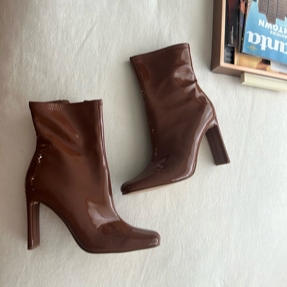 Square toe patent ankle boots